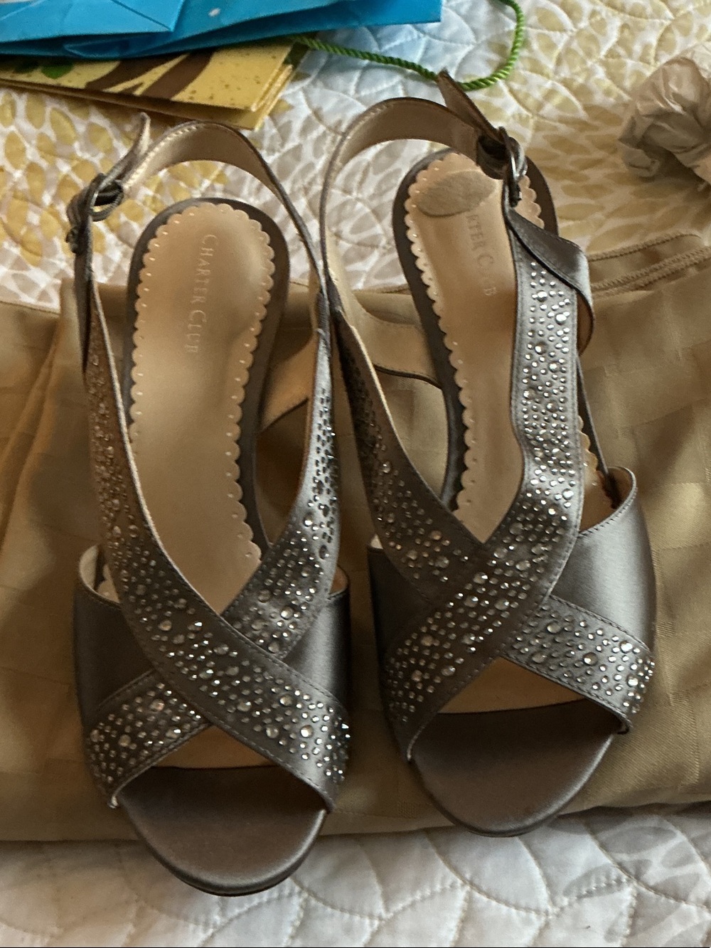 Charter Club Metallic Silver Rhinestone Crisscross Slingback Sandals